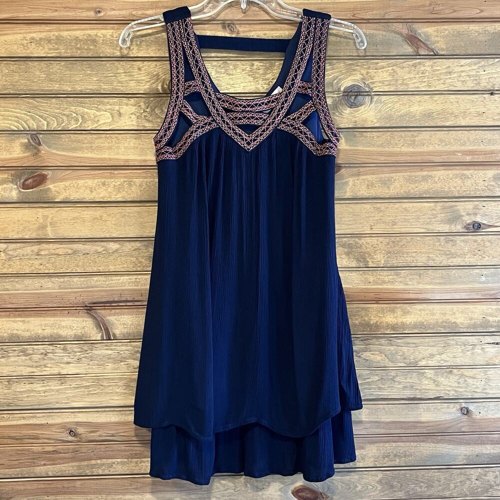 Altar’d State Women’s S Blue Tiered Dress Lined Cut Out Embroidered Boho Tunic